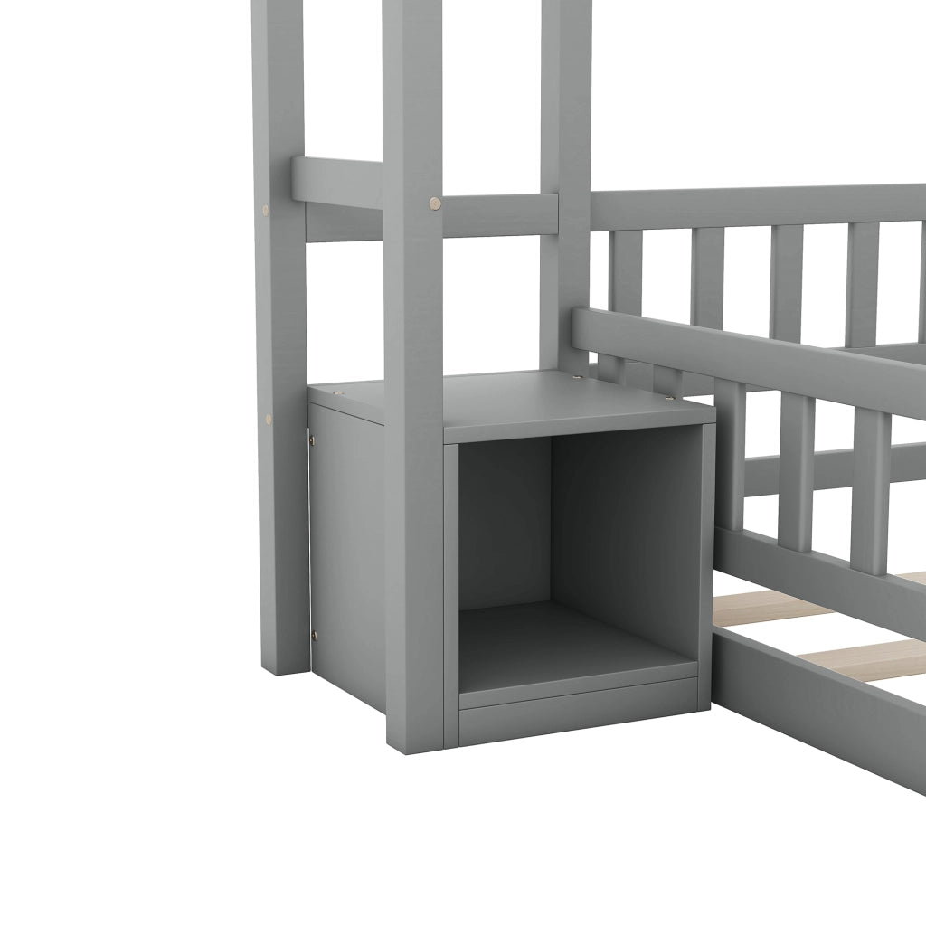 DESMIU Letto casetta letto per bambini 2 posti con sponda e comodino, 140 × 200 cm, senza materasso, grigio