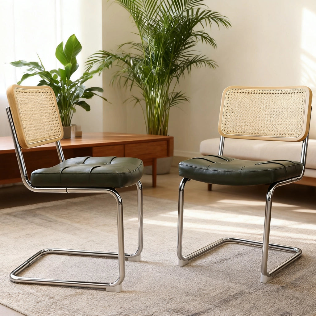 Sedia da pranzo set da 2 - Sedia in velluto e rattan con gambe cromate – Design Mid-Century Modern ispirato a Breuer – Sedia imbottita ideale per soggiorno, cucina e altri ambienti