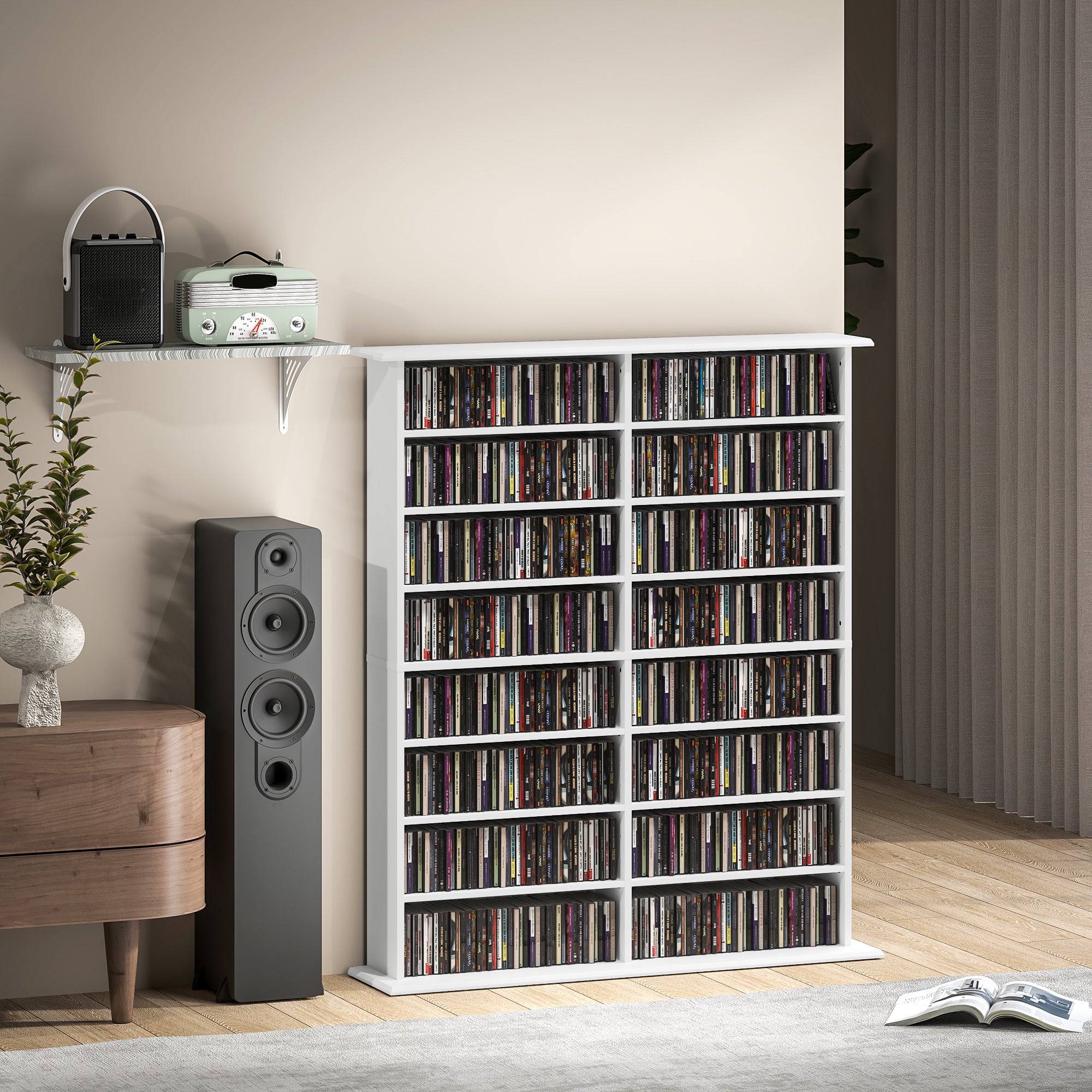 Mobile Libreria Porta CD 106,5x24x126,3 cm a 16 Ripiani Design Moderno in Legno Bianco