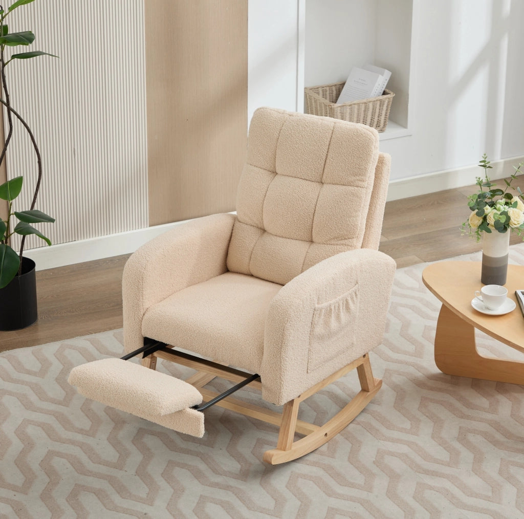 Poltrona a dondolo ergonomica beige in bouclé con tasca laterale