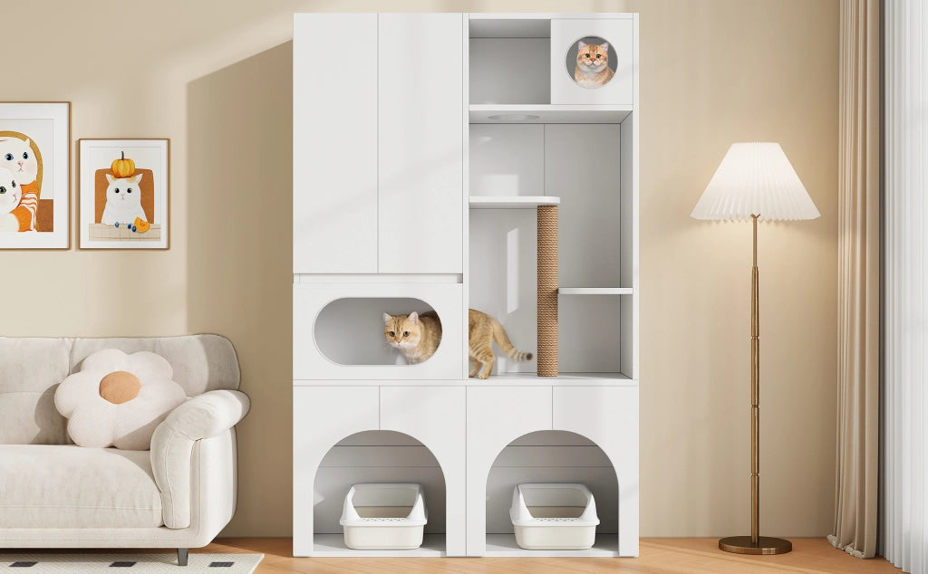 Mobile coperto per lettiera per gatti con tiragraffi e ripiani, per gatti e cani, in MDF, bianco, 140 × 45 × 195 cm