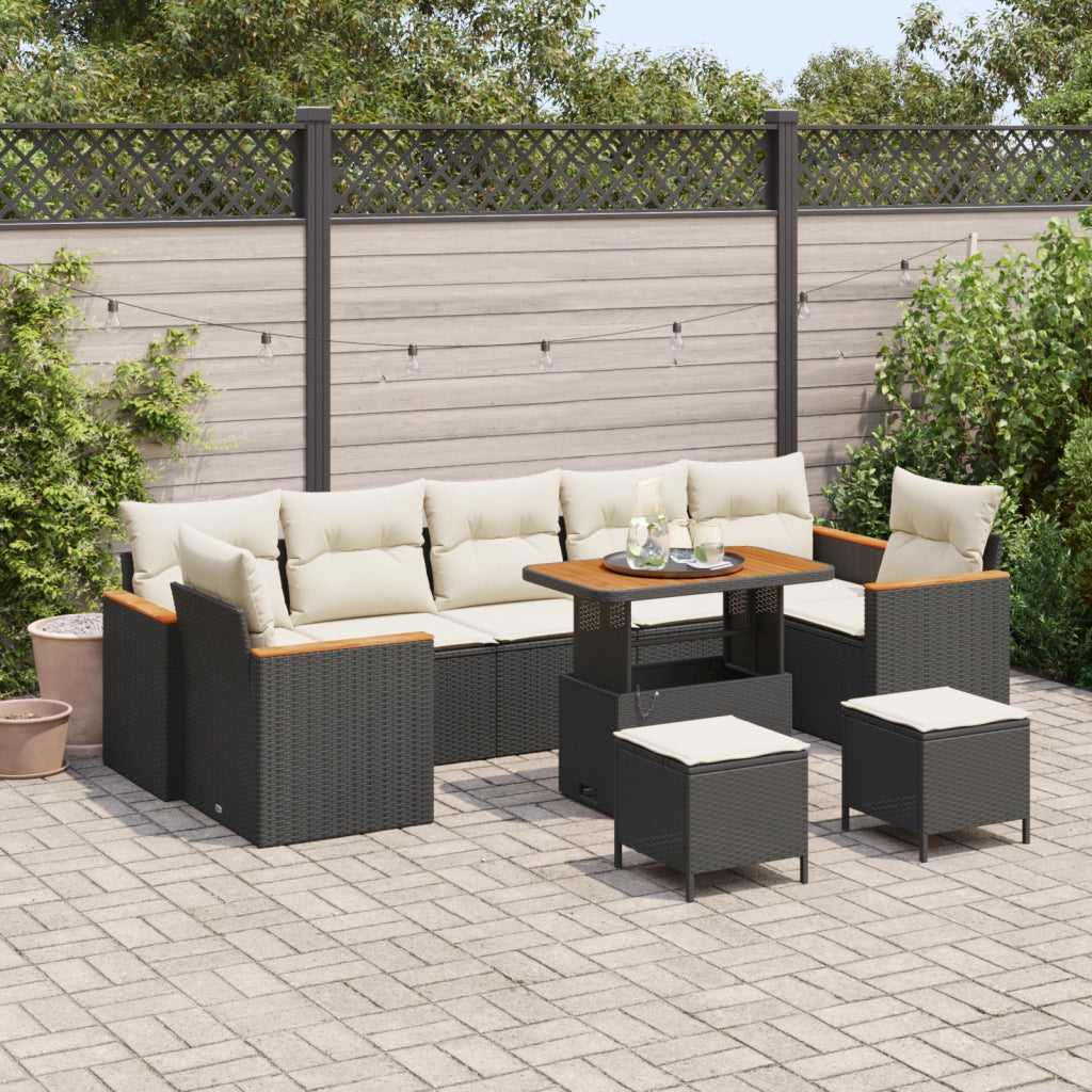 Set di Divani da Giardino da 10 Pezzi con Cuscini Neri Polyrattan Acacia