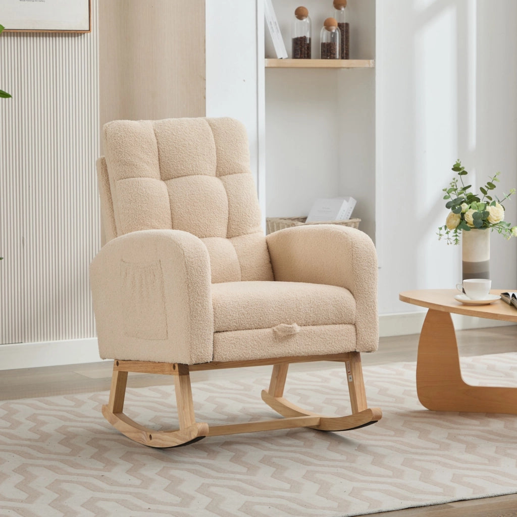 Poltrona a dondolo ergonomica beige in bouclé con tasca laterale