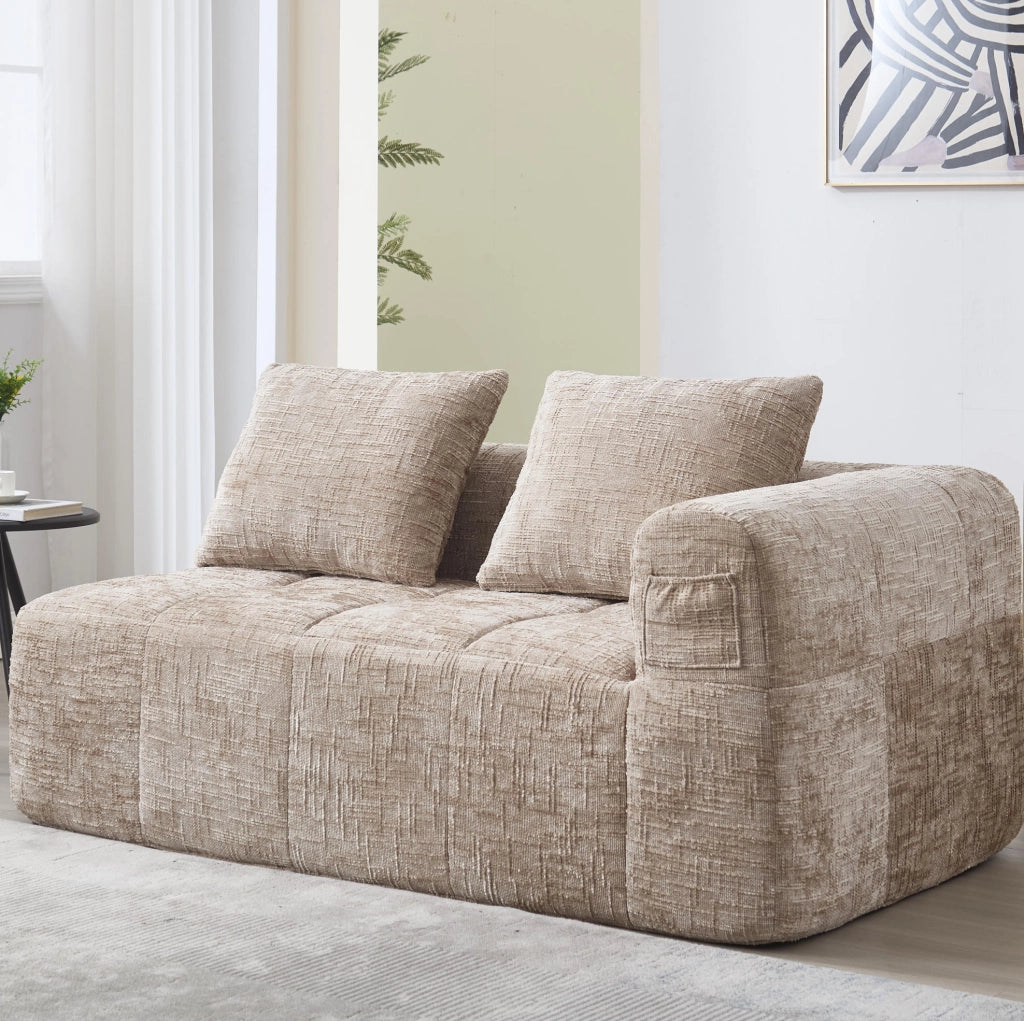 Divano 158x90x60 cm con chaise longue; tasche laterali e cuscino in chenille khaki