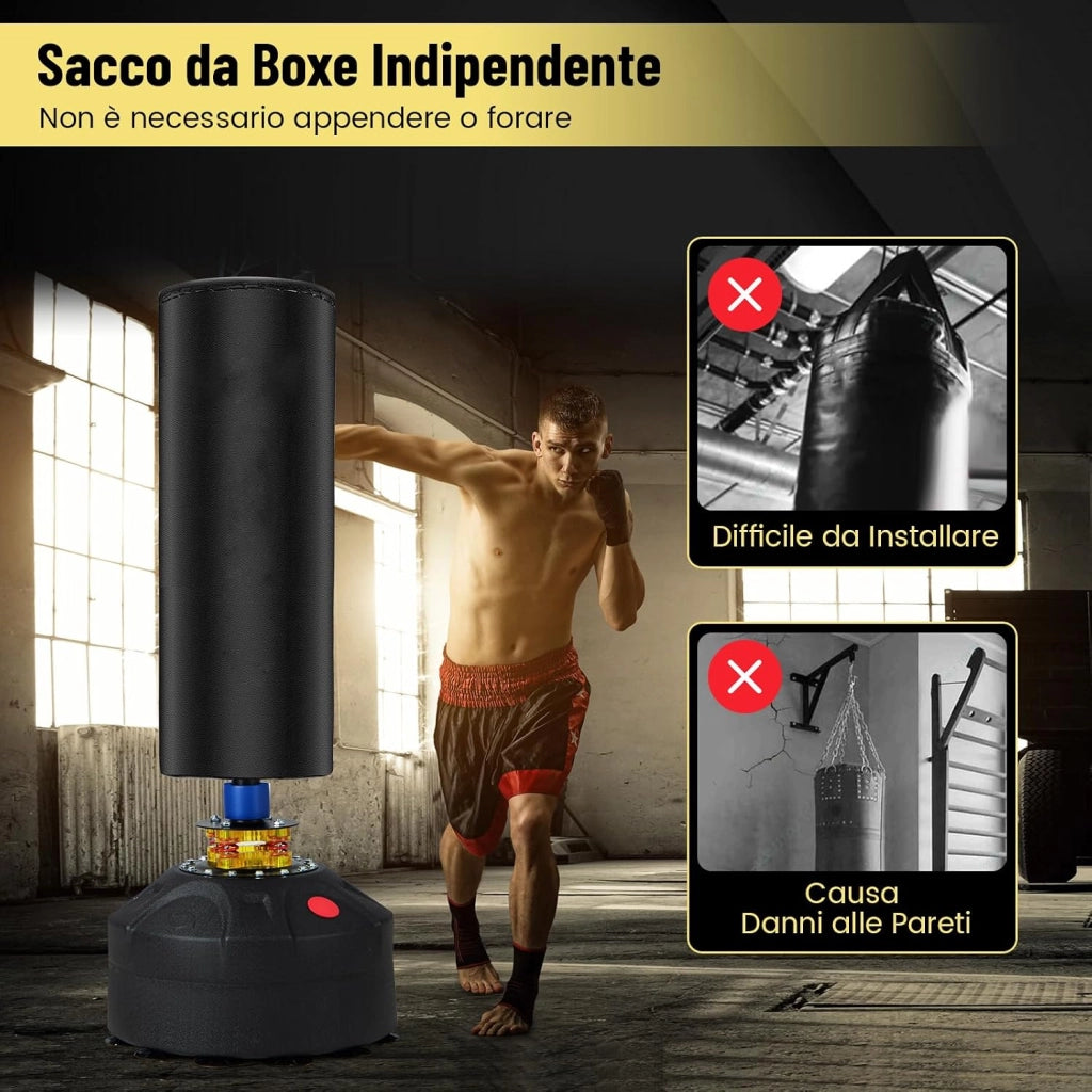 Sacco da Boxe 173 cm, Sacca da Boxe da Terra Autoportante e Pesante con Guantoni, Base a Ventosa, Costruzione a 5 Strati e Sistema Antivibrazioni per Adulti e Palestra Domestica
