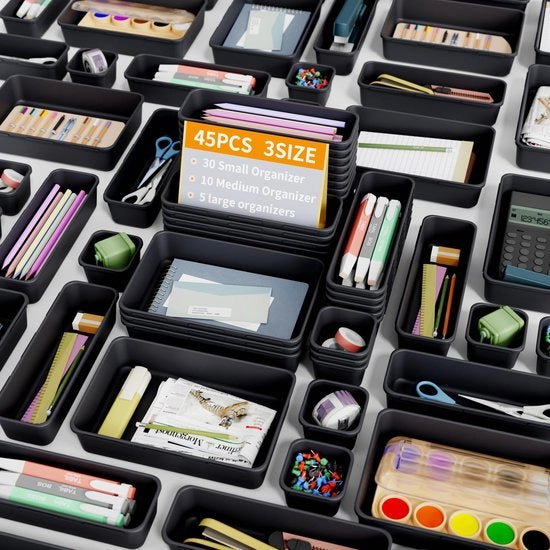 Organizzatore per cassetta 45 posizioni per ufficio con 3 dimensioni, tavolo da toeletta, organizzatore per trucco, sistema di ripostiglio per cassetta su scrivania, per cucina, gioielli, camera da letto, bagno e ufficio.