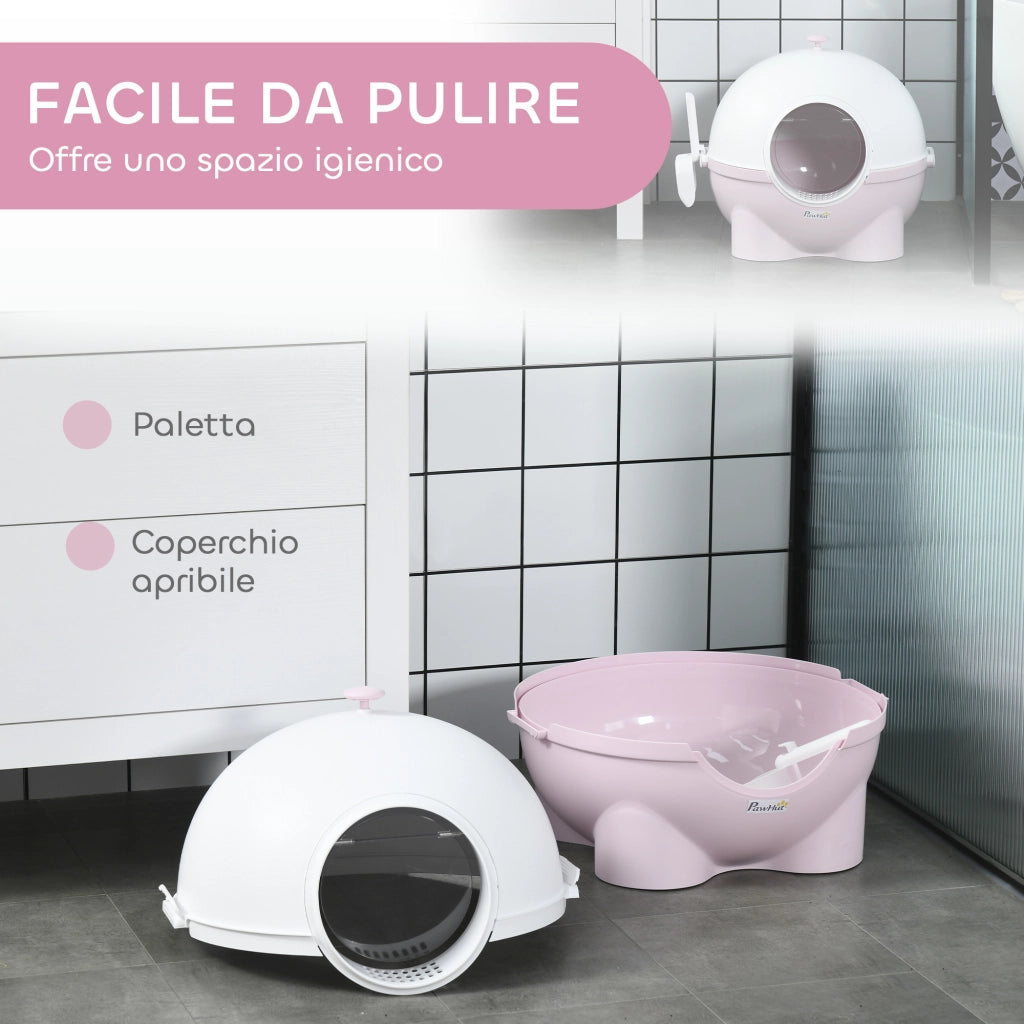 Lettiera Chiusa per Gatti 53x51x48 cm Rotonda con Uscita Raccogli Sabbia in PP e PC Bianco e Rosa