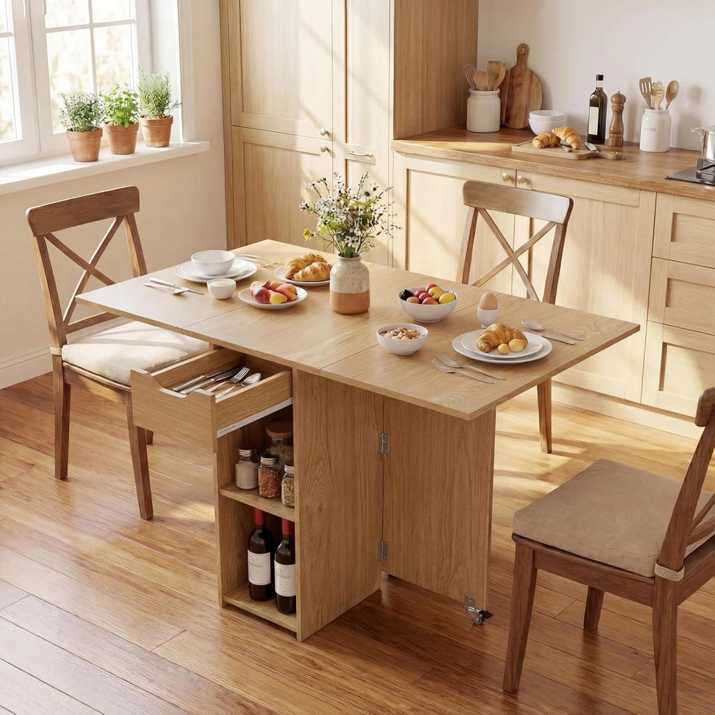 Tavolo da Pranzo Pieghevole, Mobile da Cucina con Ali Pieghevoli, 1 Cassetto e 2 Ripiani Aperti, per 2-4 Persone, Salvaspazio, 120 x 72 x 75 cm, Ideale per Sala e Cucina