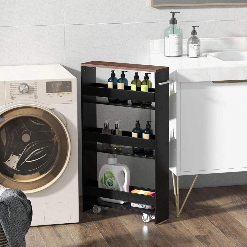 Carrello per Nicchia con Ruote, 4 Livelli，Carrello di Servizio Stretto Salvaspazio, da Bagno, Scaffale da Cucina Sottile 47,5 x 13 x 80,5 cm (Marrone+Nero, Largo 13 cm)