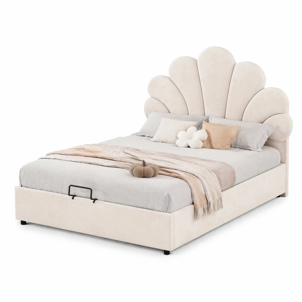 Letto imbottito 90 x 200 cm in velluto con contenitore idraulico; beige