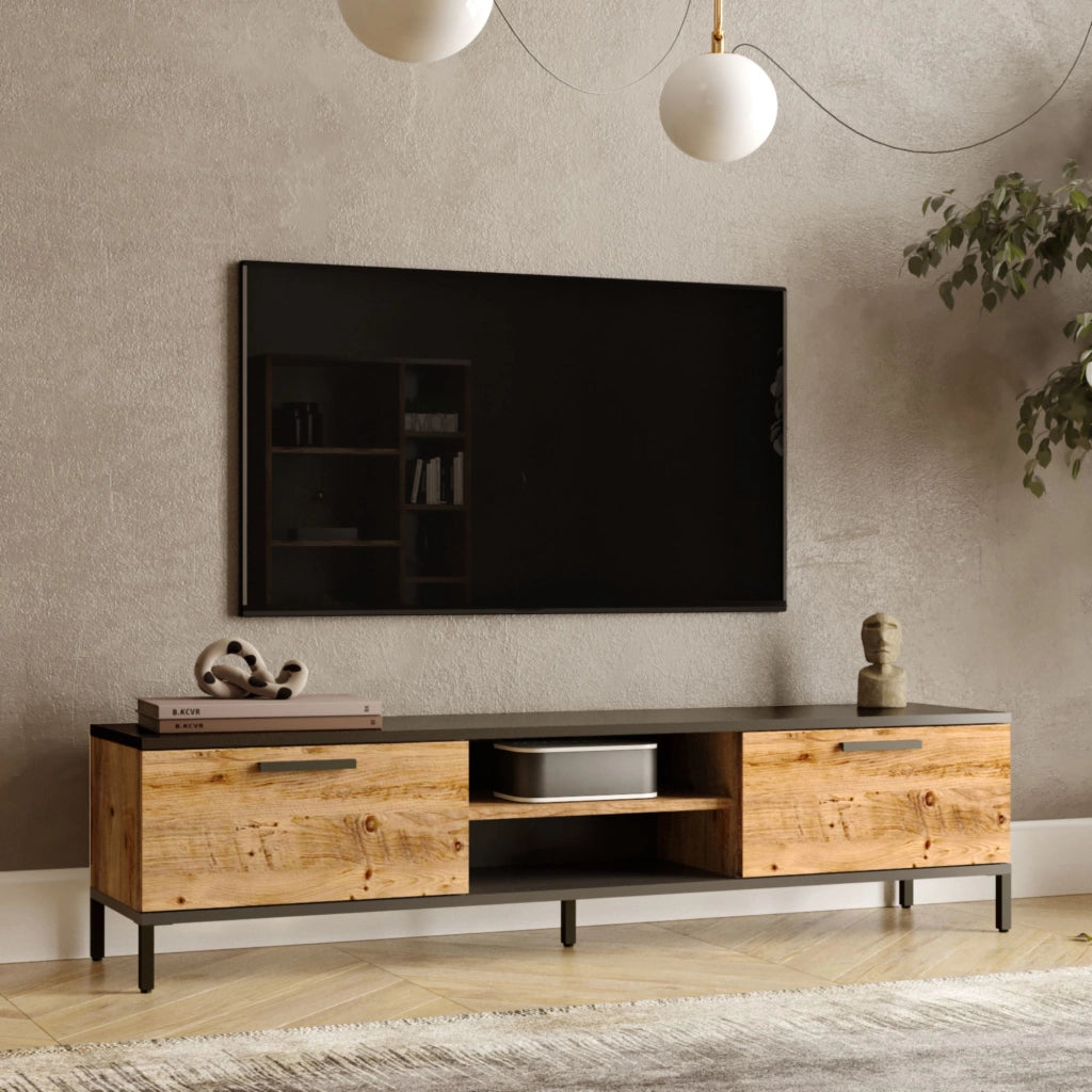 Mobile Basso 'Lempäälä' Supporto TV con Passaggio Cavi Consolle con Sportelli a Ribalta - Rovere Rustico/Antracite [en.casa]
