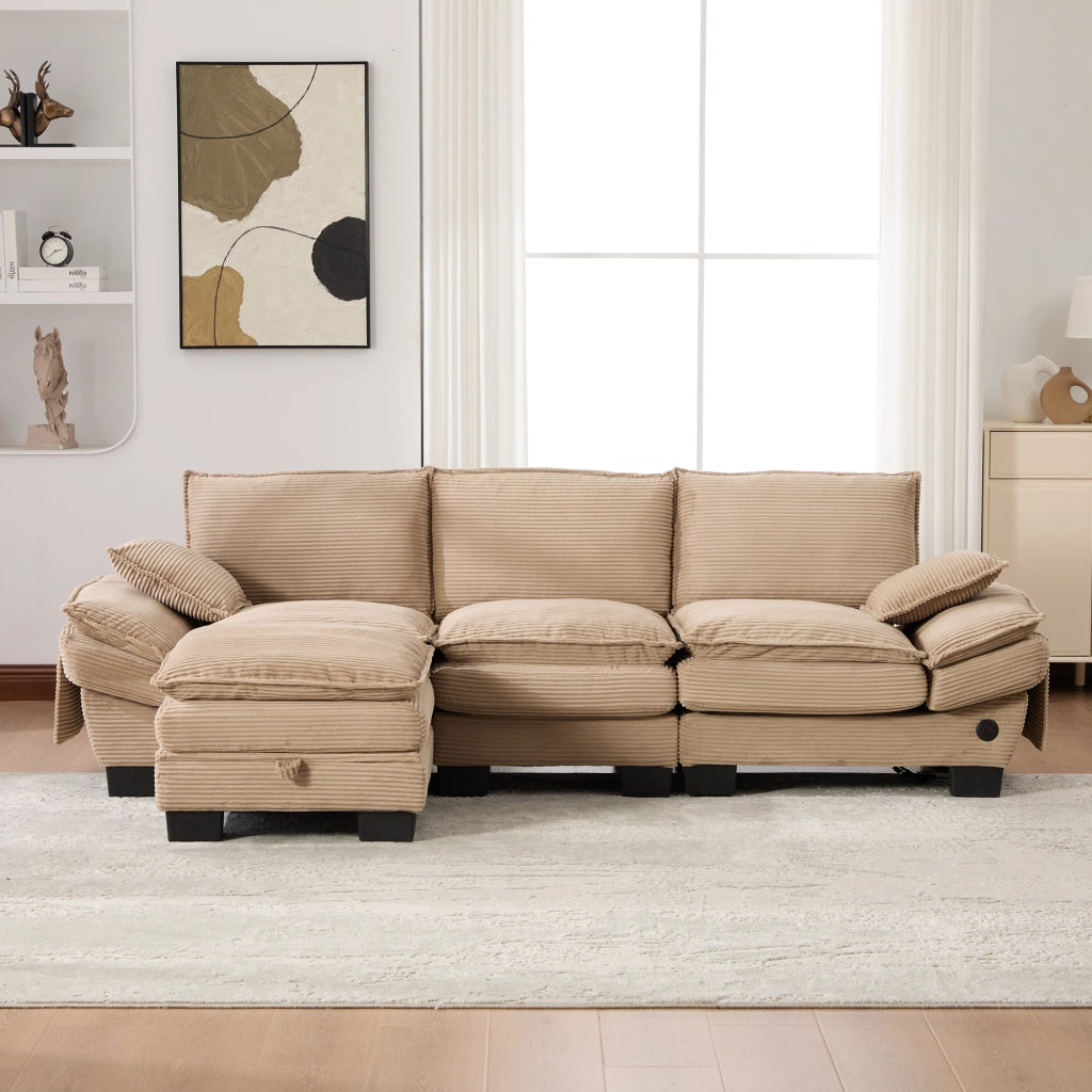 Canapé modulaire 3 posti con pouf, seduta ergonomica, porta USB-C e tasche laterali, in tessuto a coste khaki