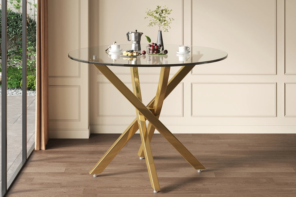 Tavolo da pranzo rotondo in vetro temperato con gambe incrociate cromate oro per soggiorno cucina 80 × 80 × 75 cm