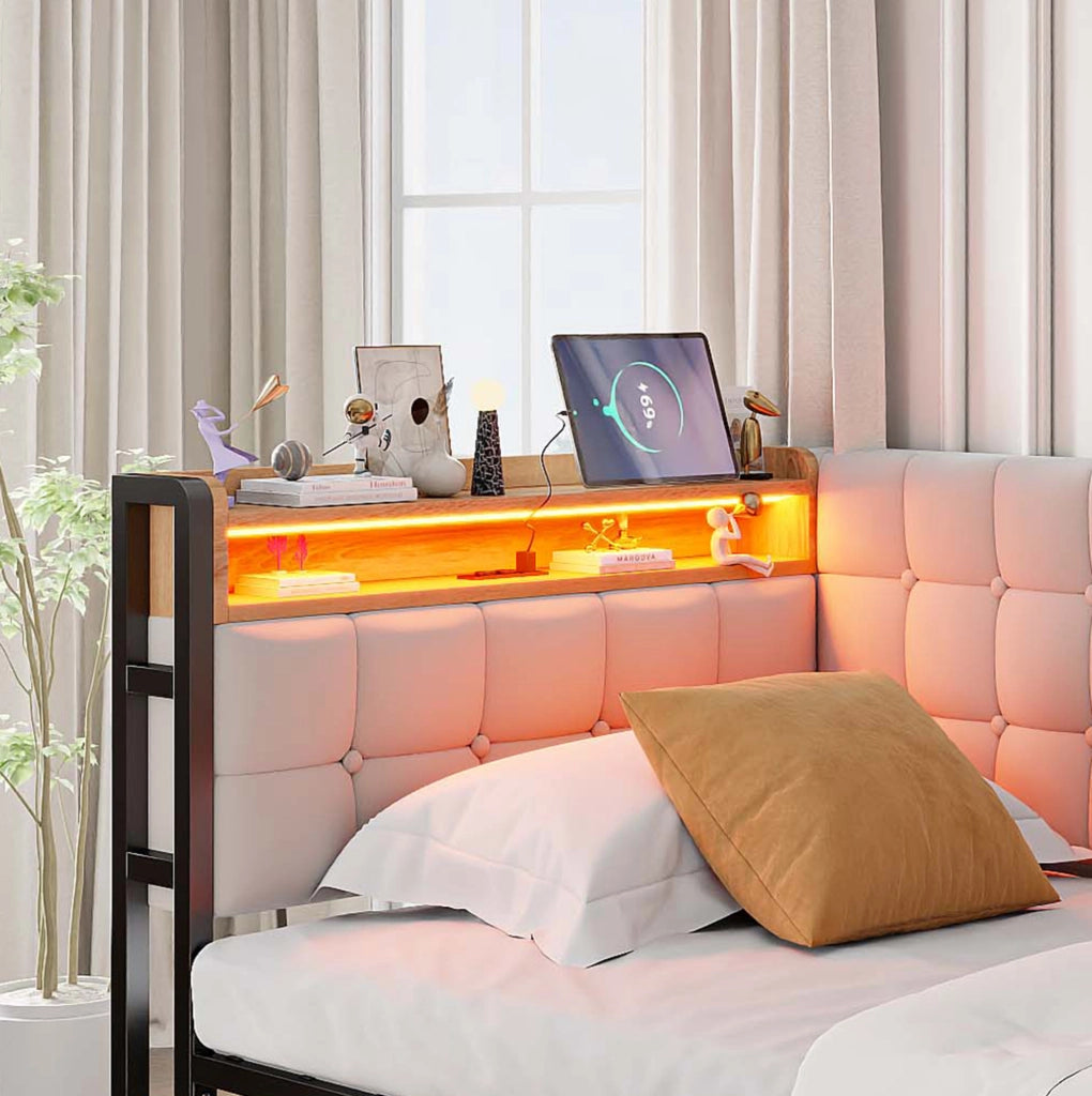 Divano letto imbottito 90x200 cm beige con LED, USB-C e 2 cassetti