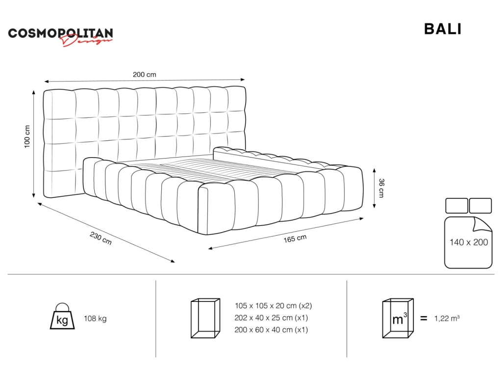 Cosmopolitan Design - Letto a cassettone con testiera doppia "Bali" 140x200cm in velluto nero 