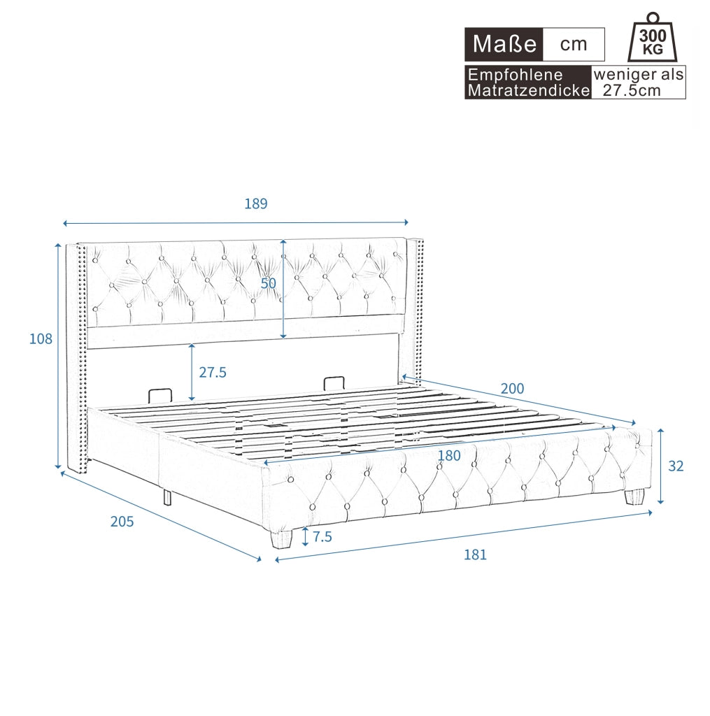 Letto imbottito 180 x 200 cm in velluto grigio con rete