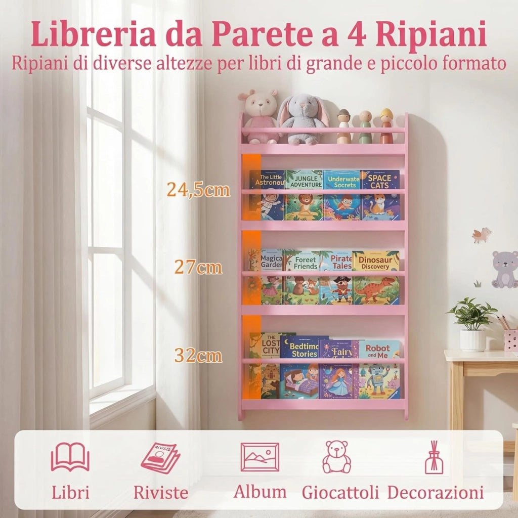 Libreria da Parete per Bambini, Scaffale Portaoggetti a 4 Livelli con Barre di Protezione e Bordi Rialzati, Libreria Salvaspazio per Cameretta per Bambini 3+ Anni, 56 x 12 x 107 cm (Rosa)