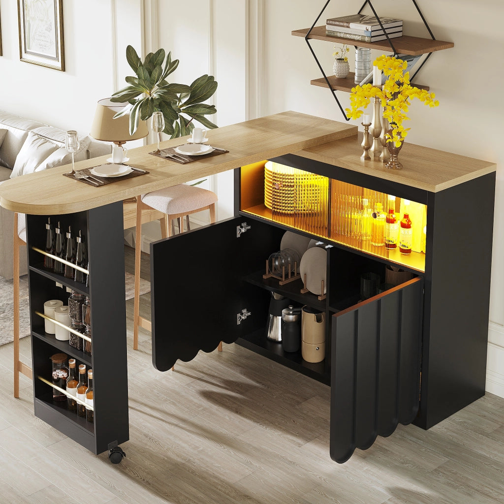 OKWISH Carrello da Cucina Estensibile con Vano Contenitore e Ripiani Regolabili, LED e Ruote, per Cucina, MDF e Vetro, 135-205 x 39 x 100 cm