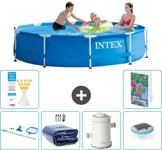 Piscina Rettangolare in Acciaio - 305 x 76 cm - Blu - Incluso Kit Pulizia - Ombrello Solare - Pompaggio Piscina - Illuminazione - 7 pezzi