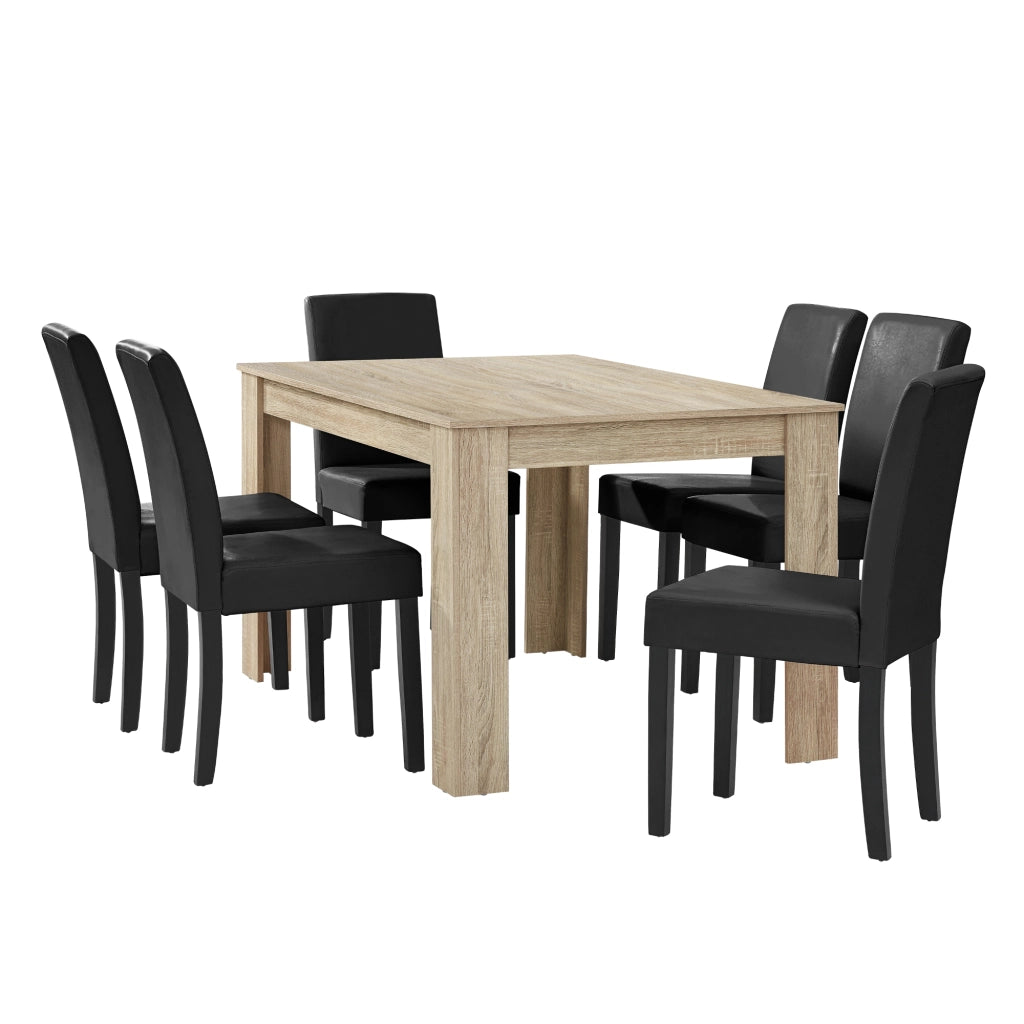 Set Pranzo con Tavolo 140x90 cm e 6 Sedie in Similpelle - Effetto Rovere Chiaro / Nero [en.casa]