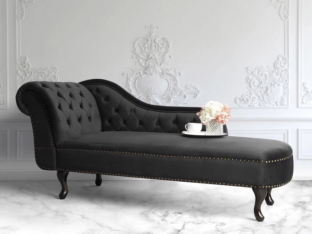 Chaise Longue in Velluto nero Versione Sinistra Stile Chesterfield con bottoni