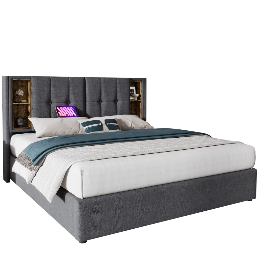 Letto matrimoniale imbottito 140x200 cm grigio con ricarica wireless; USB e vano contenitore