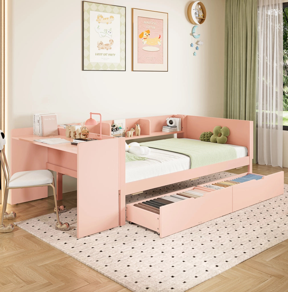 Letto singolo 90x200 cm con scrivania, 2 cassetti e ripiani, rosa