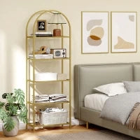 Scaffale Portaoggetti ad Arco a 5 Ripiani in Acciaio e Vetro Temperato, 60x30x175 cm, Oro