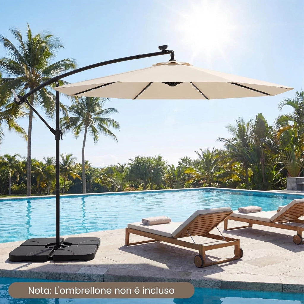 Base per Ombrellone in Plastica a 4 Pezzi, Supporto Ombrellone Riempibile 72 kg con Acaua e Sabbia, con Maniglia e 4 Perni in Meallo, per Patio e Bordo Piscina