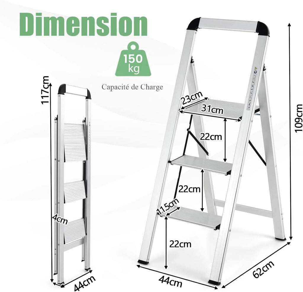 Scala 3 Gradini in Alluminio, Scaletta Pieghevole con Piedini Antiscivolo, Leggera e Portatile, Portata 150 kg, Attacco & Fibbia di Sicurezza, per Casa, Officina, Garage, 44 X 62 X 109 CM