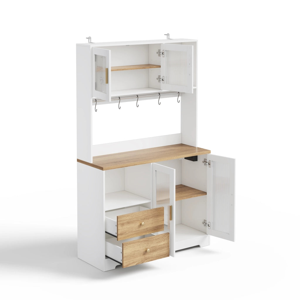 Credenza alta da cucina con LED, prese USB e ante in vetro temperato, bianco effetto legno, 110x40x178 cm