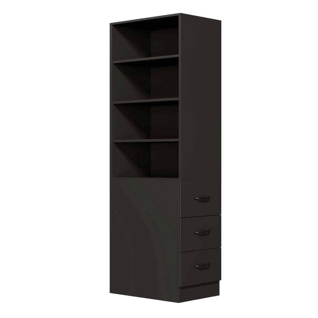 Libreria alta e stretta 180 cm con cassetti laterali, 4 vani aperti e ripiani regolabili, colore nero