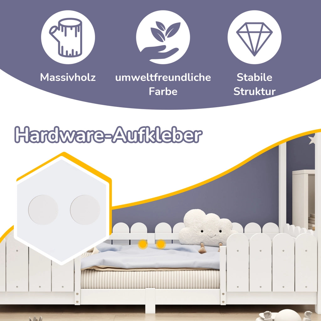 Letto a casa 90x200 cm bianco in legno massello con protezione anticasco e rete a doghe