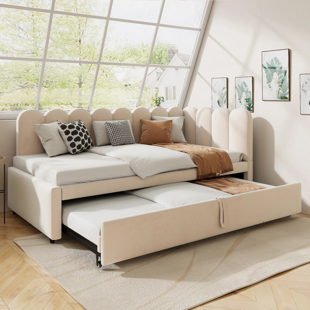 Divano letto 2-in-1 a L con letto estraibile; velluto beige; 90x200 cm; senza materasso