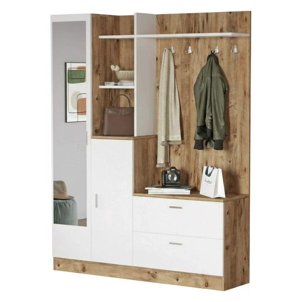 Mobile da ingresso Anumali, Entratina appendiabiti, Composizione per atrio, Consolle portaoggetti multifunzione, 140x37h182 cm, Quercia e Bianco