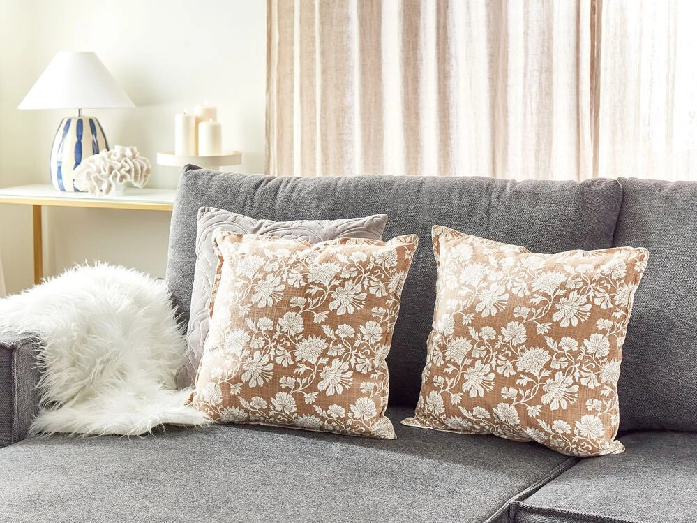 Set di 2 cuscini in cotone beige e bianco decorativi fatti a mano con stampa floreale quadrati 45 x 45 cm federa rimovibile