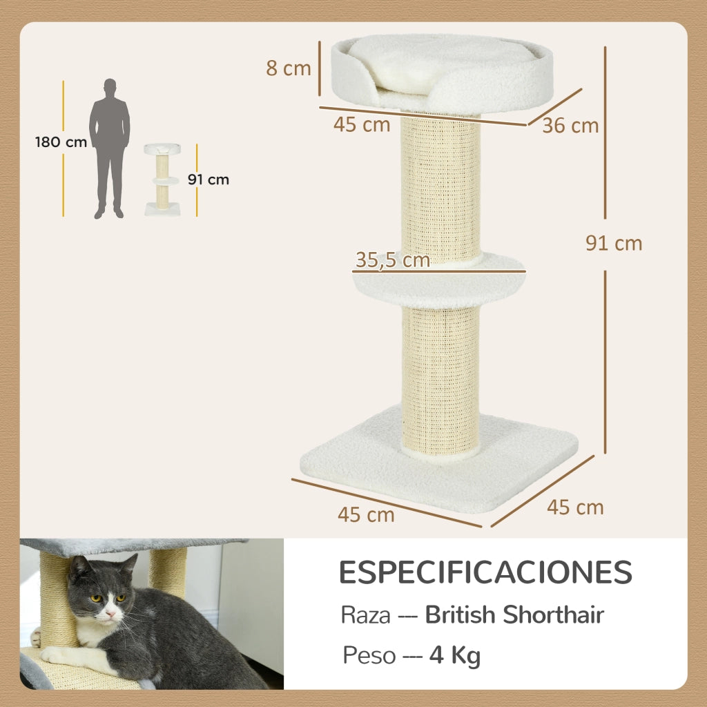 Albero per gatti 3 livelli con piattaforma e palo sisal ¨C zephmum ¨C crema 45x45x91 cm