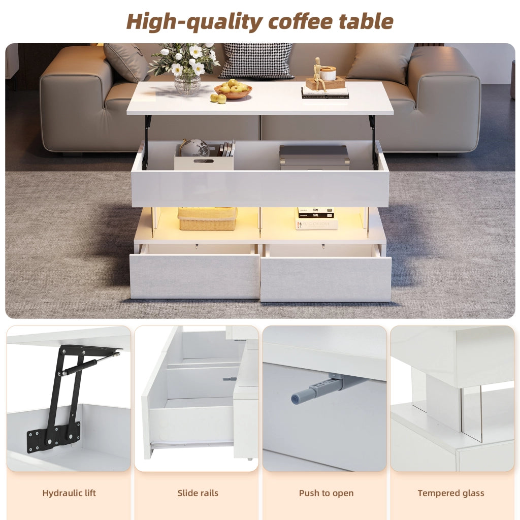 Tavolino basso sollevabile con LED, 2 cassetti e vano nascosto, per soggiorno, 100 × 50 × 46 cm, in MDF, bianco