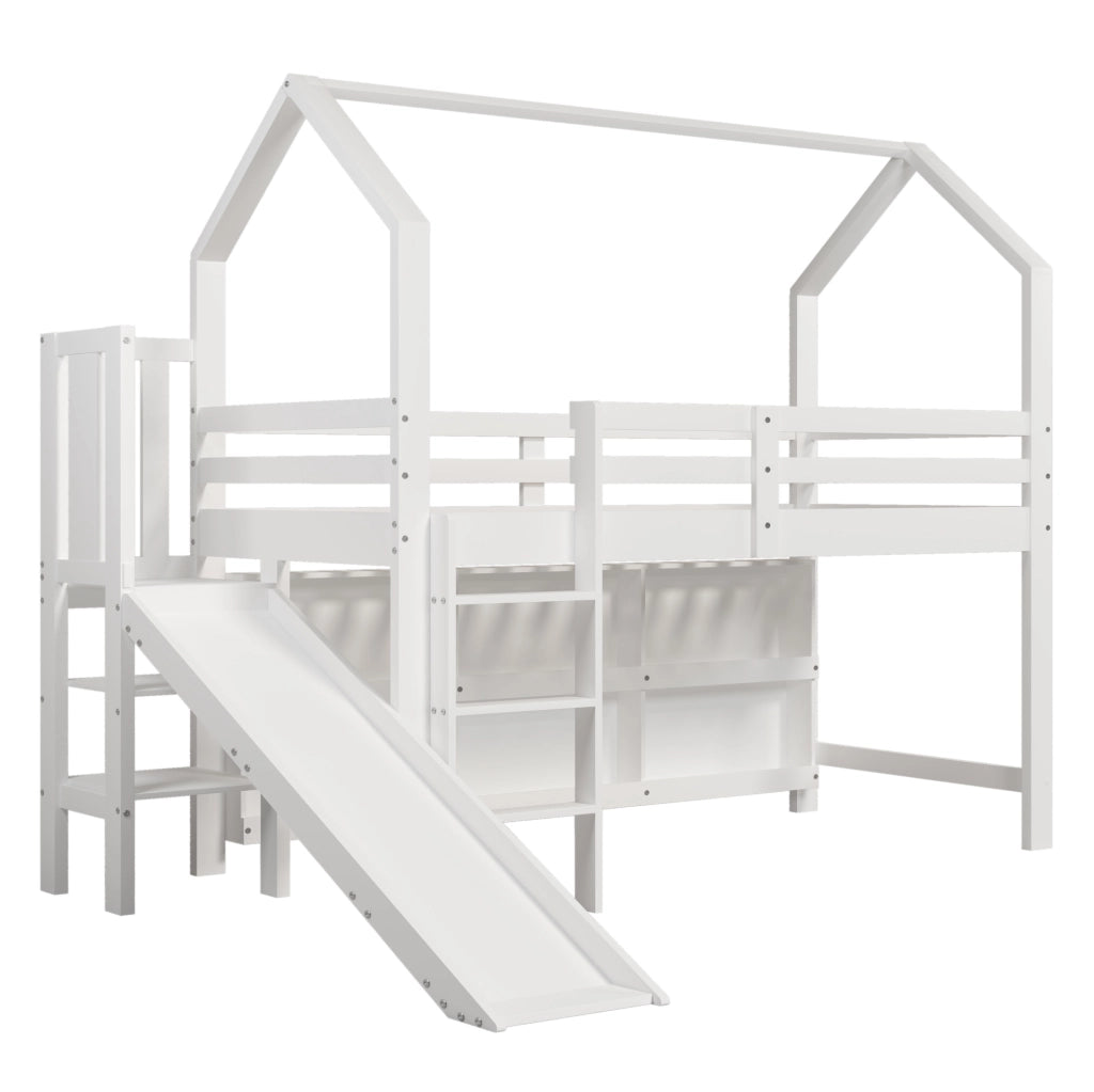 Letto singolo per bambini 90x200 cm con scivolo; scale; armadietti e scaffale in legno e MDF; bianco
