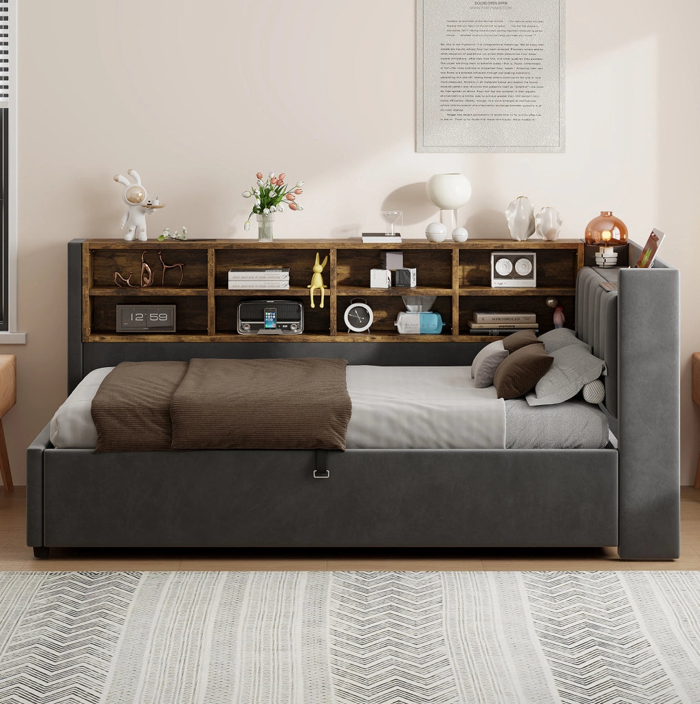 Divano letto imbottito 90x200 cm in velluto grigio con contenitore; LED; USB e Type-C