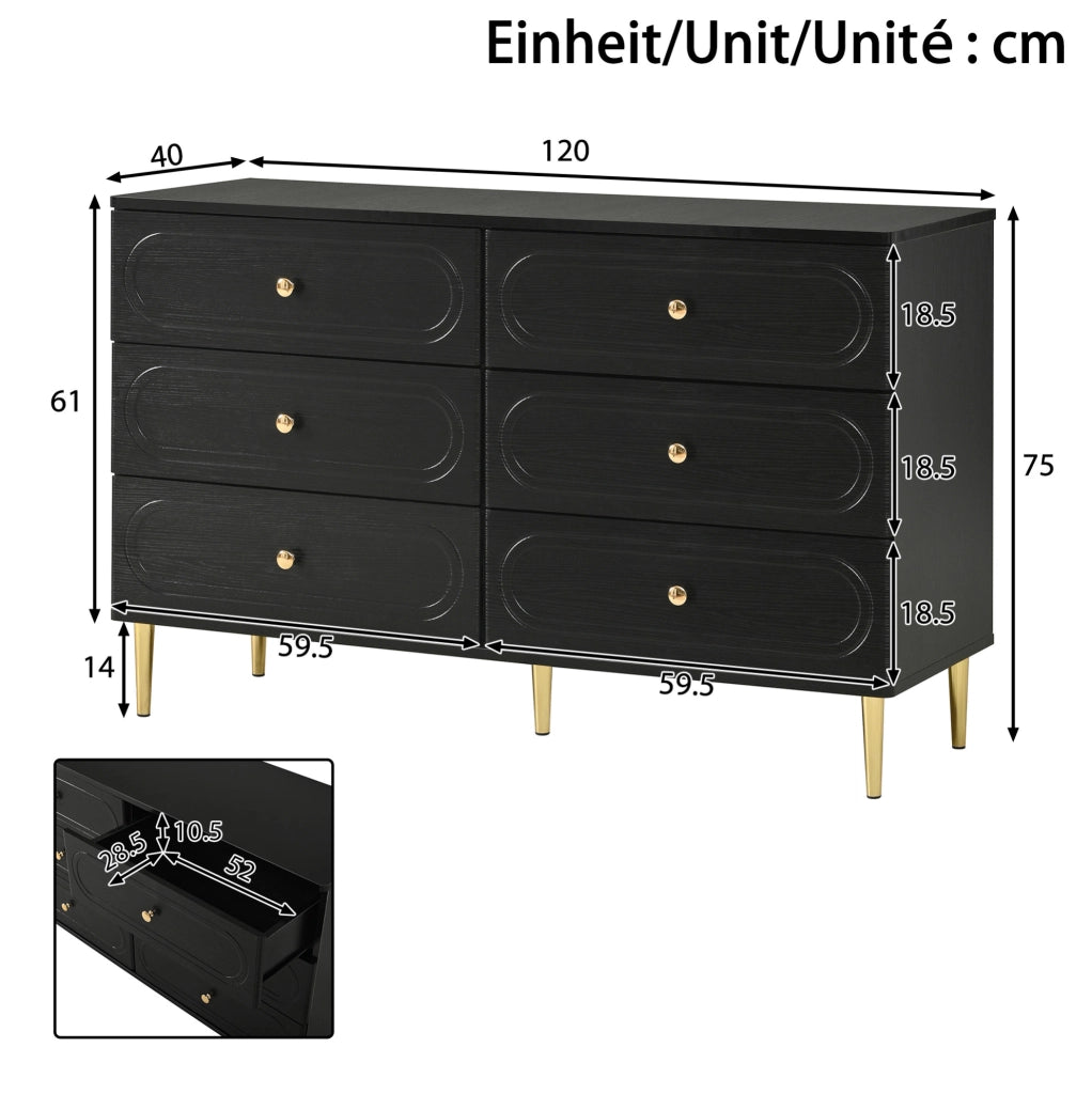 Credenza nera con 6 cassetti e gambe in metallo 120 cm