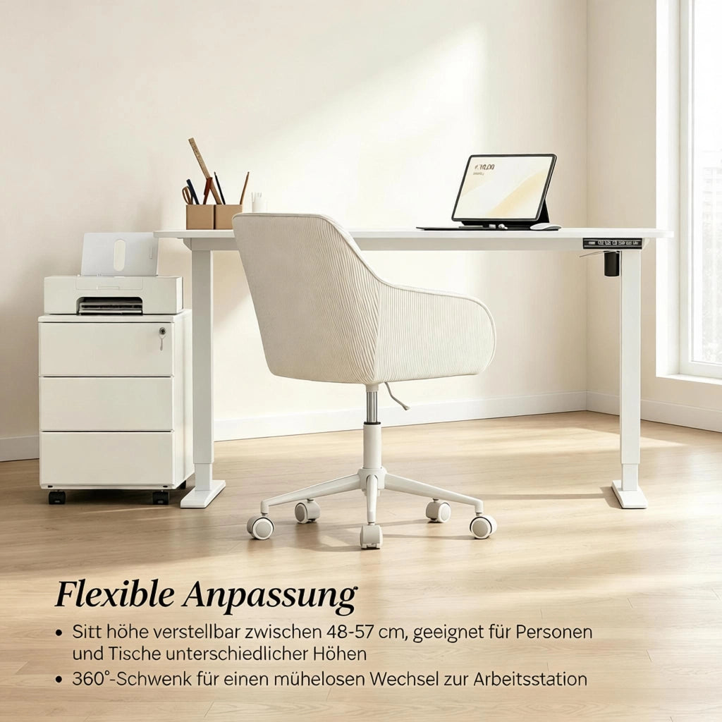 Sedia da ufficio ergonomica girevole con altezza regolabile braccioli integrati e ruote in velluto a coste beige