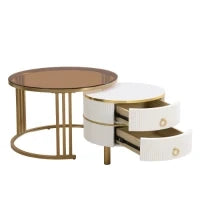 Tavolino 2-in-1 Rotondo in MDF con 1 Piano Bianco e 1 Piano Marrone in Vetro Temperato, Tavolini con 2 Cassetti per Soggiorno, Bianco