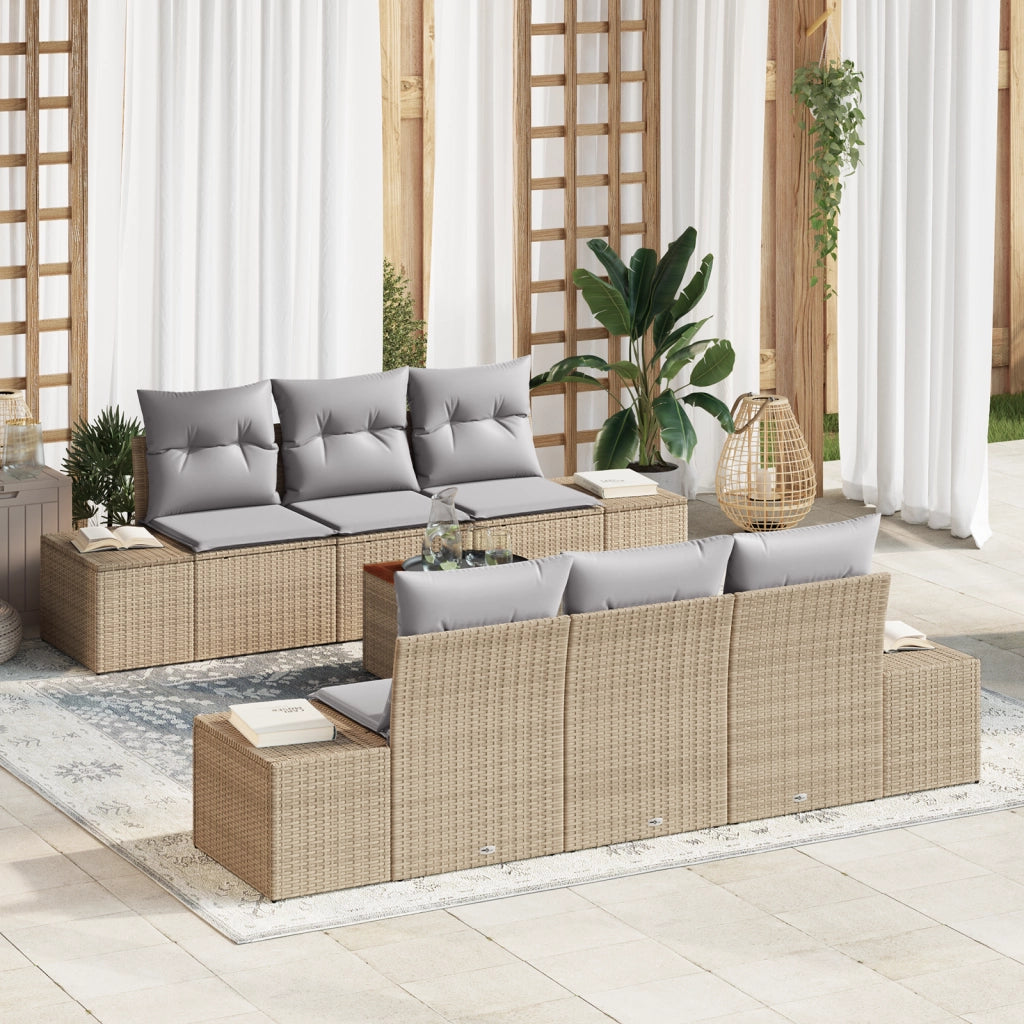 Set Divano da Giardino a 7 Pezzi con Cuscini Beige Polyrattan Acacia