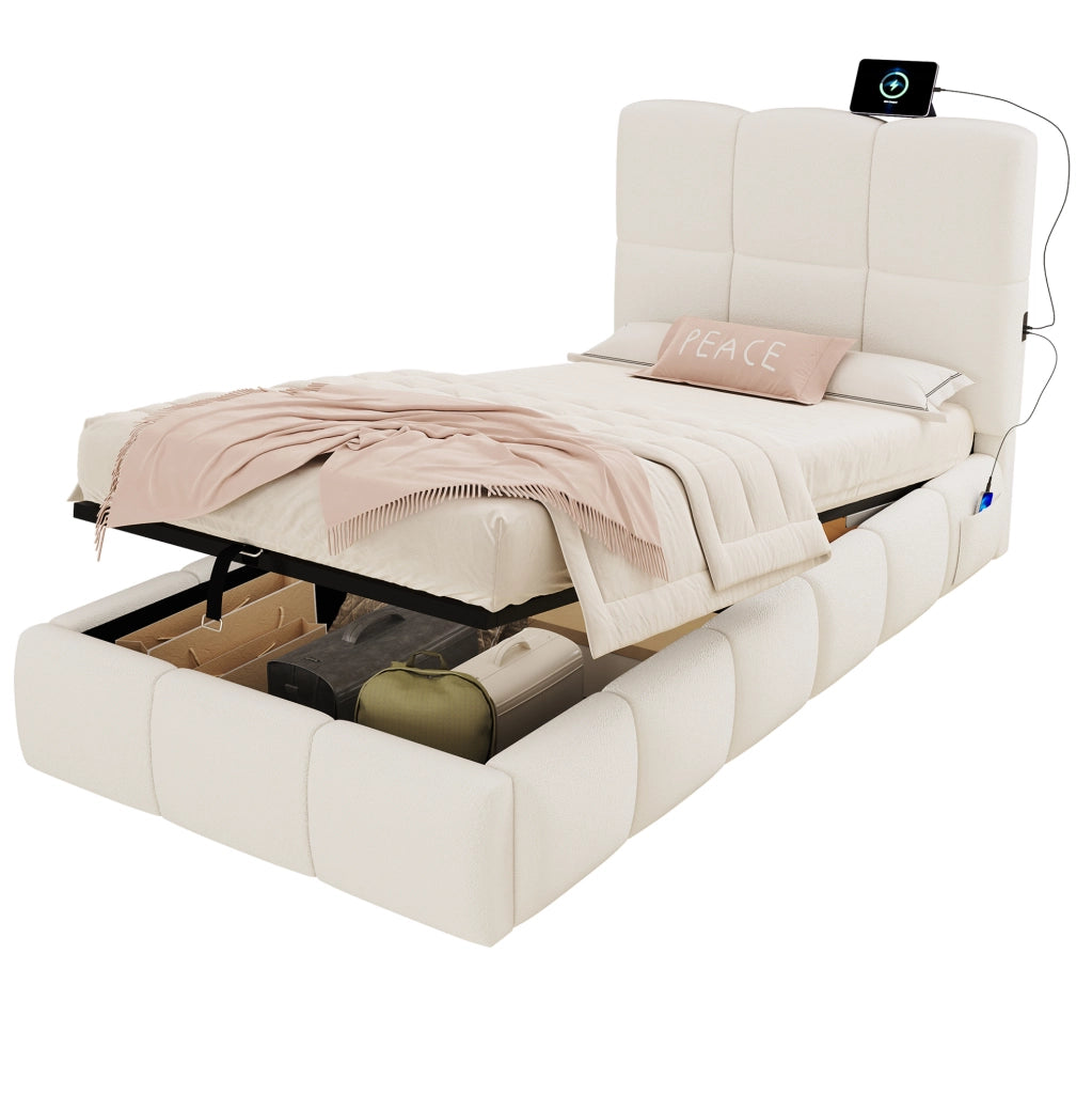 Letto singolo imbottito con contenitore, rete inclusa e porta USB