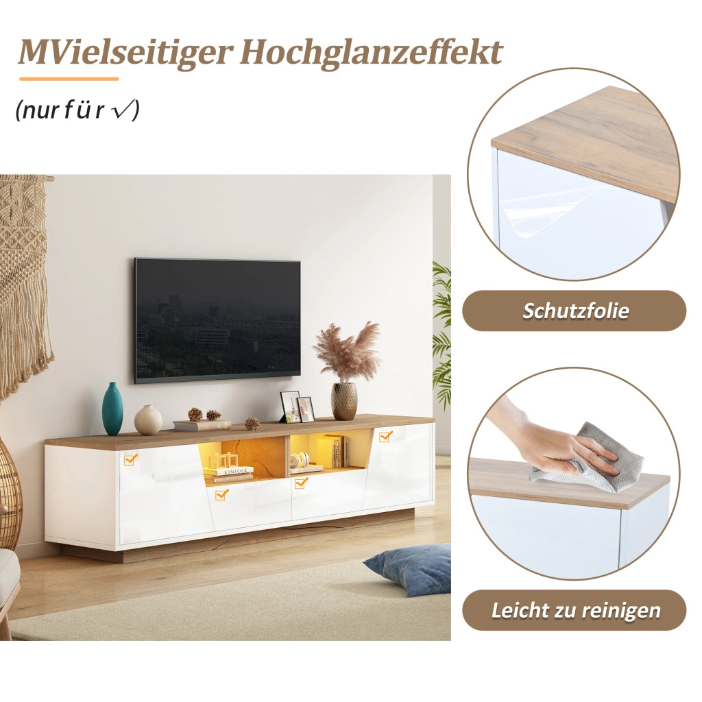 TAVOLO TV 180x40x46 cm con 2 cassetti, 2 ante, LED, bianco