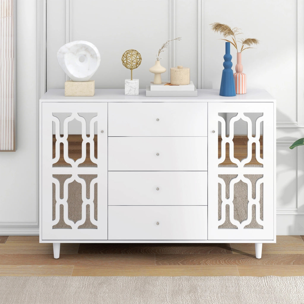 Credenza bianca a specchio con 2 ante, 4 cassetti e ripiano interno per soggiorno e ingresso 147,5 × 40 × 102 cm