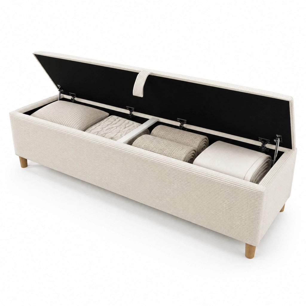 Letto matrimoniale 160x200 cm con panca contenitore, testiera con LED e materasso incluso, rovere chiaro