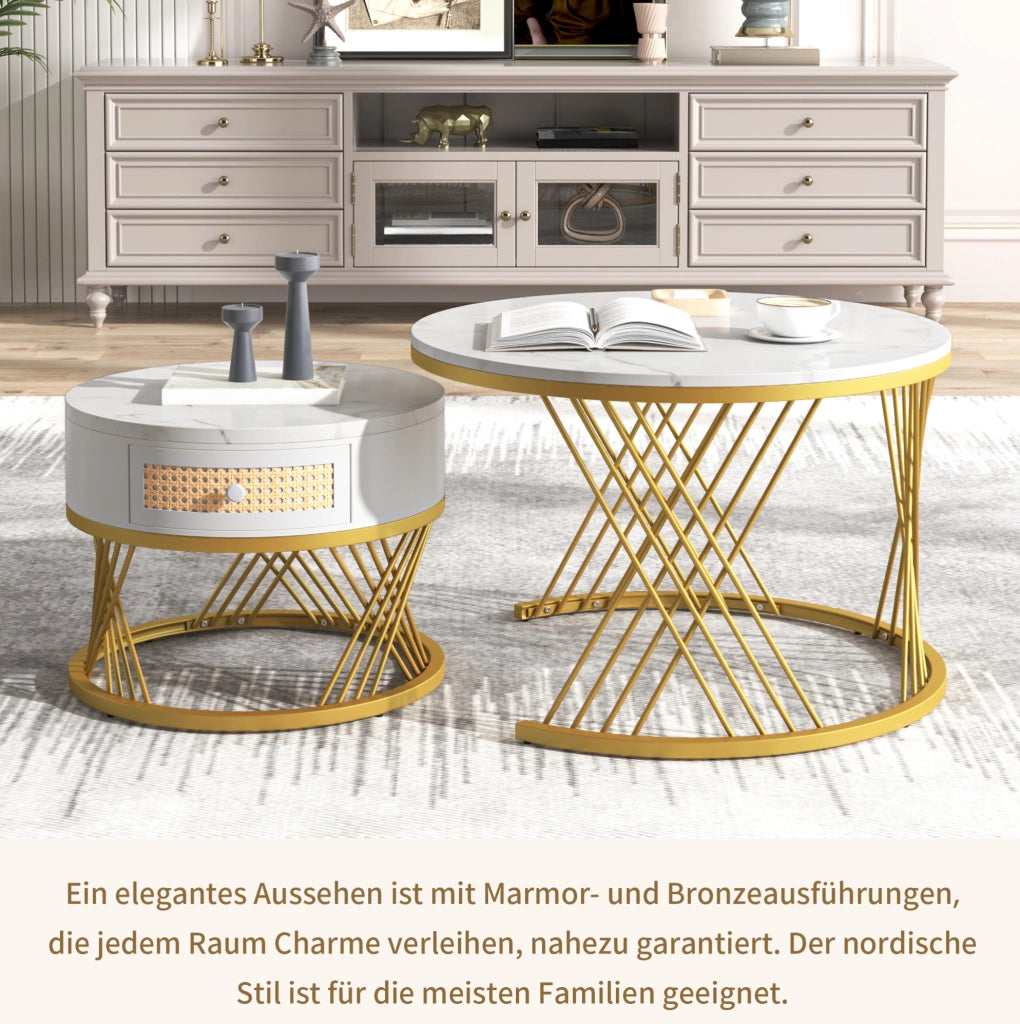 Set di 2 tavolini da salotto rotondi 70/50 cm in MDF bianco con dettagli oro