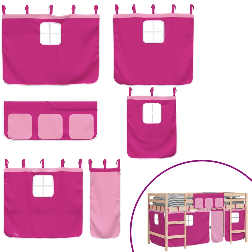 Letto a Soppalco con Tende Bambini | Letto Infantile | Lettino Rosa 90x190 cm Massello Pino